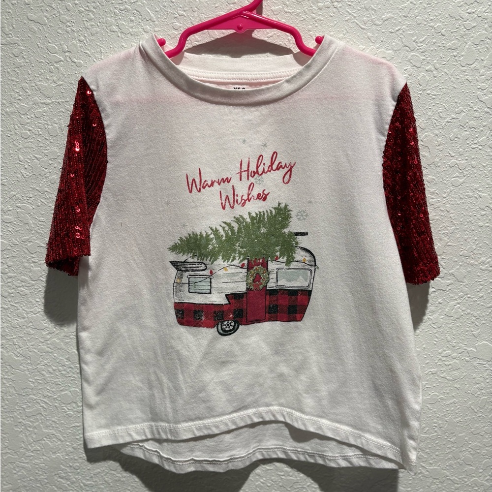 Girls Size 8 Holiday Shirt with Red Sparkles Sleeves- Evsie‎ 8